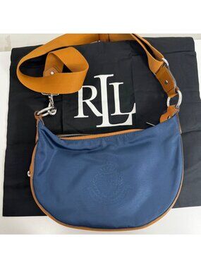 Lauren Ralph Lauren LXVII Crossbody Purse Navy, Leather Trimmed + Dust Bag EUC